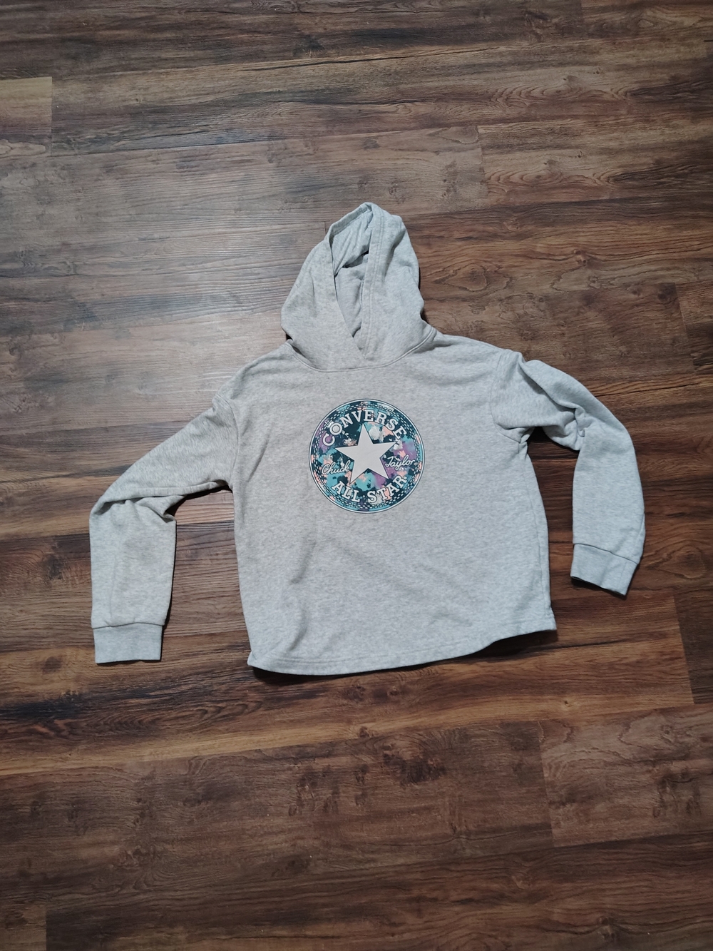 Converse All Star Graphic Logo Fleece Pullover Hooded Hoodie Gray XL girls crop